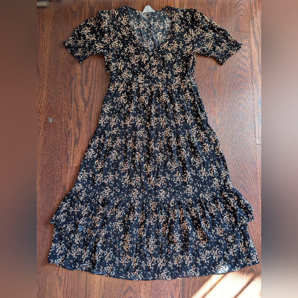 ba&sh Black Maxi Tier Long Dress Sz 2 Dark Moody Floral Boho Festival Cowgirl - Picture 2 of 5